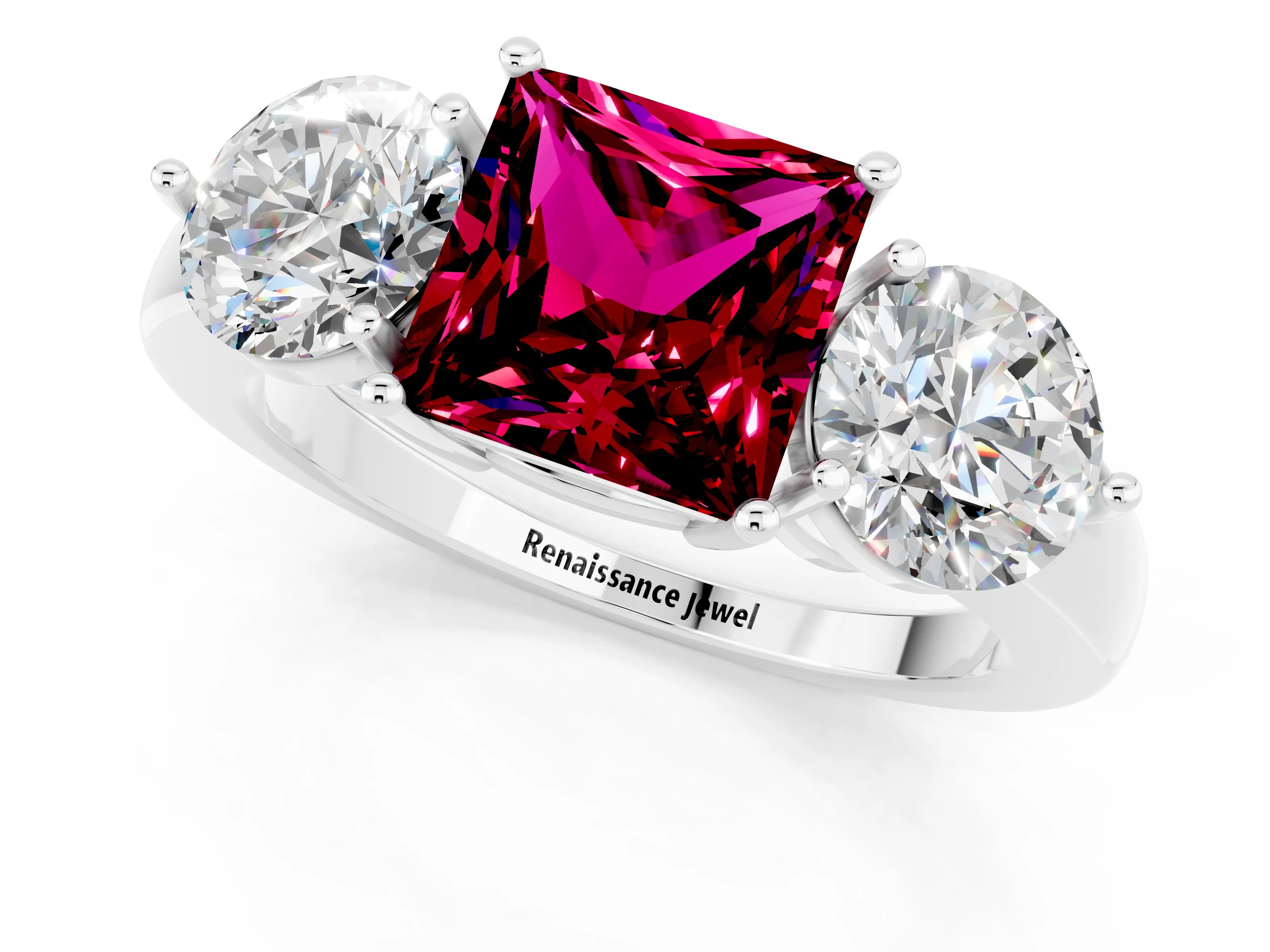 White gold Princess Cut Garnet Three-Stone Ring with Prong Setting and Classic Band_1