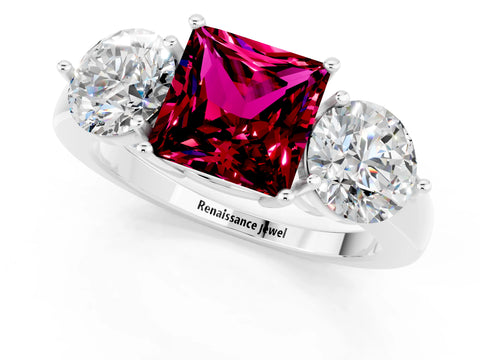White gold Princess Cut Garnet Three-Stone Ring with Prong Setting and Classic Band_1