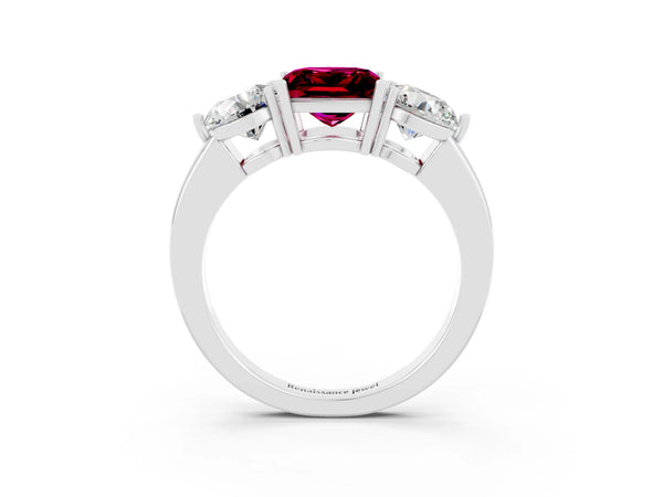 Platinum Princess Cut Garnet Three-Stone Ring with Prong Setting and Classic Band
