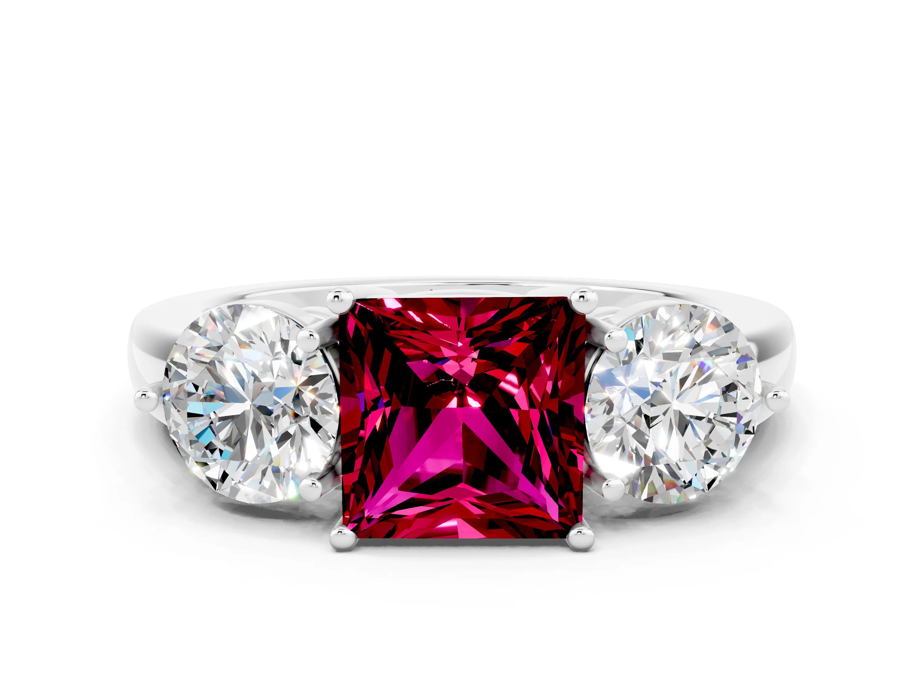 White gold Princess Cut Garnet Three-Stone Ring with Prong Setting and Classic Band