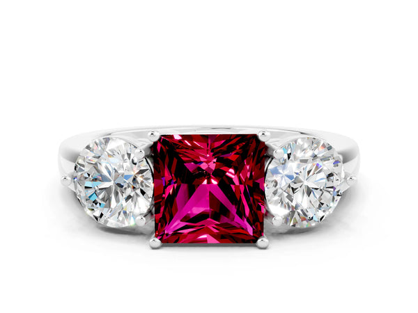 Silver Princess Cut Garnet Three-Stone Ring with Prong Setting and Classic Band