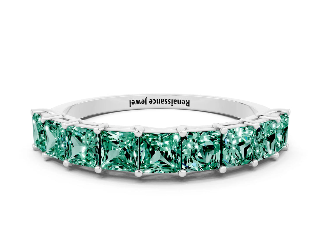 White gold Princess Cut Green Sapphire Channel-Set Eternity Band with Prong Setting_6
