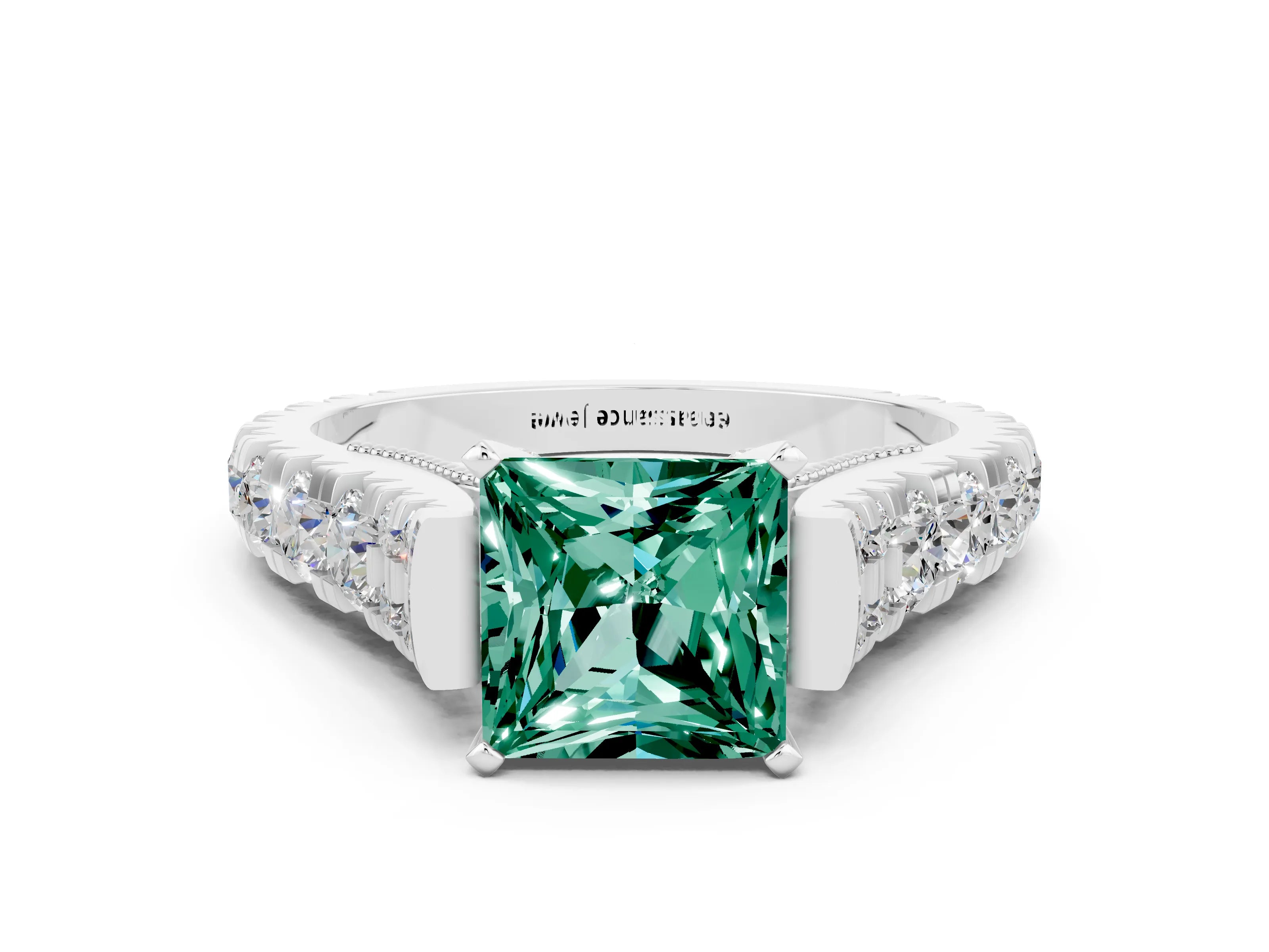 White gold Princess Cut Green Sapphire Classic Solitaire Ring with Pavé Band and Four-Prong Setting