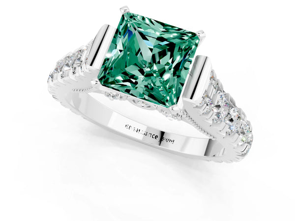 Silver Princess Cut Green Sapphire Classic Solitaire Ring with Pavé Band and Four-Prong Setting