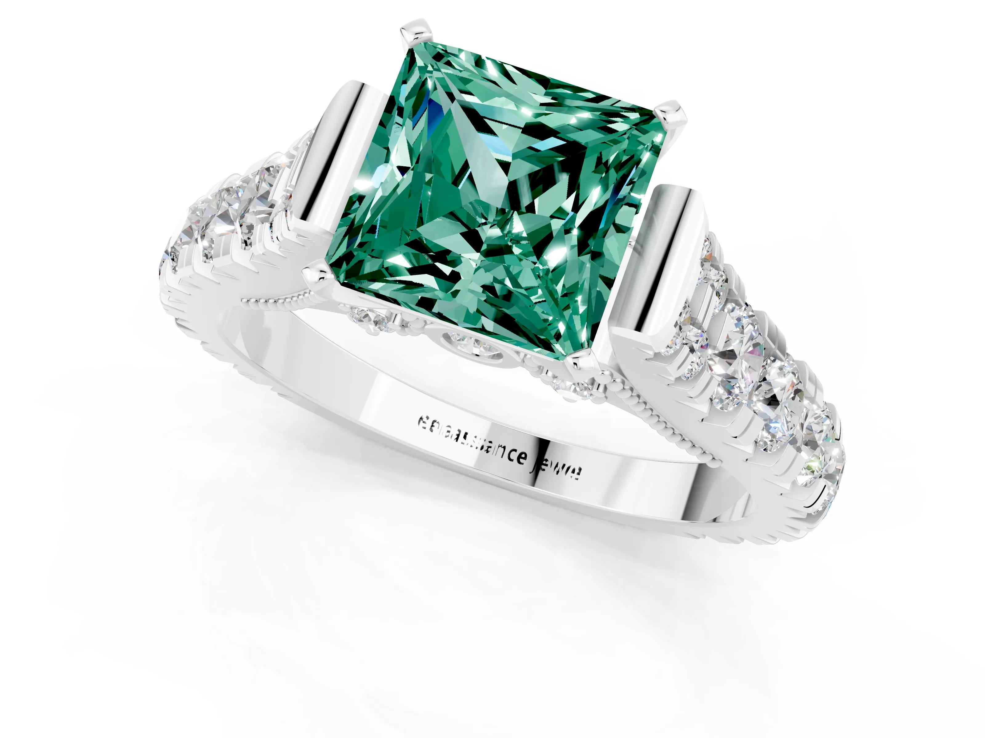 White gold Princess Cut Green Sapphire Classic Solitaire Ring with Pavé Band and Four-Prong Setting_1