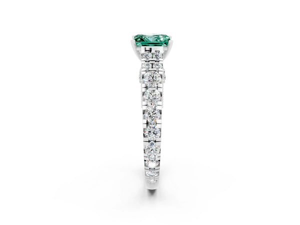 White gold Princess Cut Green Sapphire Classic Solitaire Ring with Pavé Band and Four-Prong Setting
