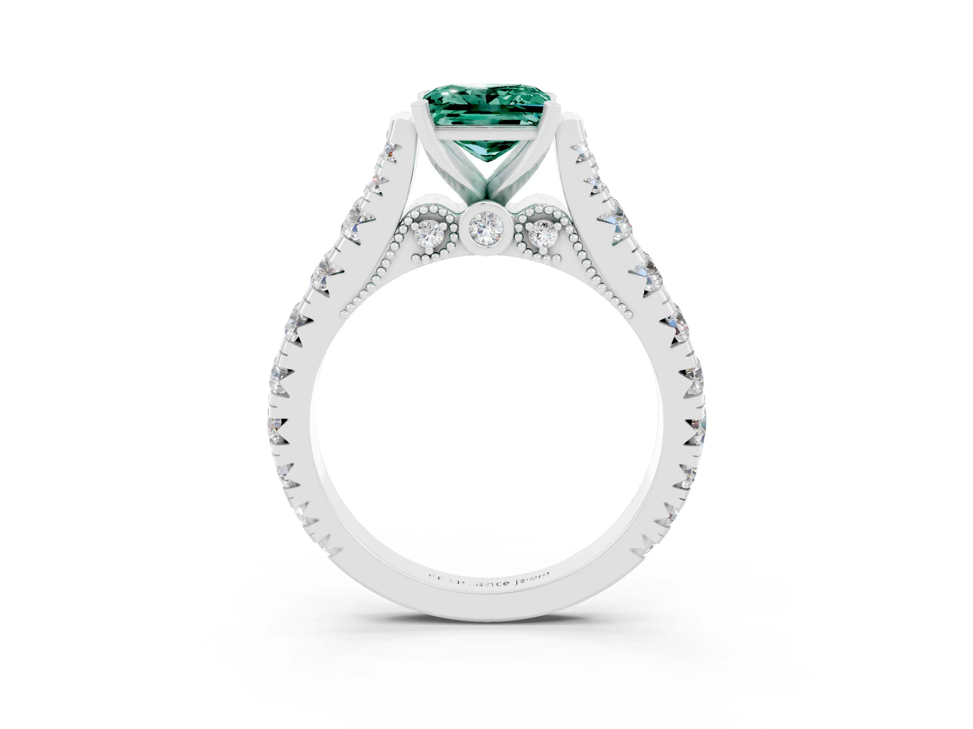 White gold Princess Cut Green Sapphire Classic Solitaire Ring with Pavé Band and Four-Prong Setting_3