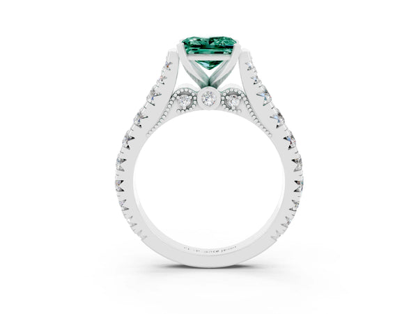 White gold Princess Cut Green Sapphire Classic Solitaire Ring with Pavé Band and Four-Prong Setting