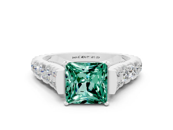 Silver Princess Cut Green Sapphire Classic Solitaire Ring with Pavé Band and Four-Prong Setting