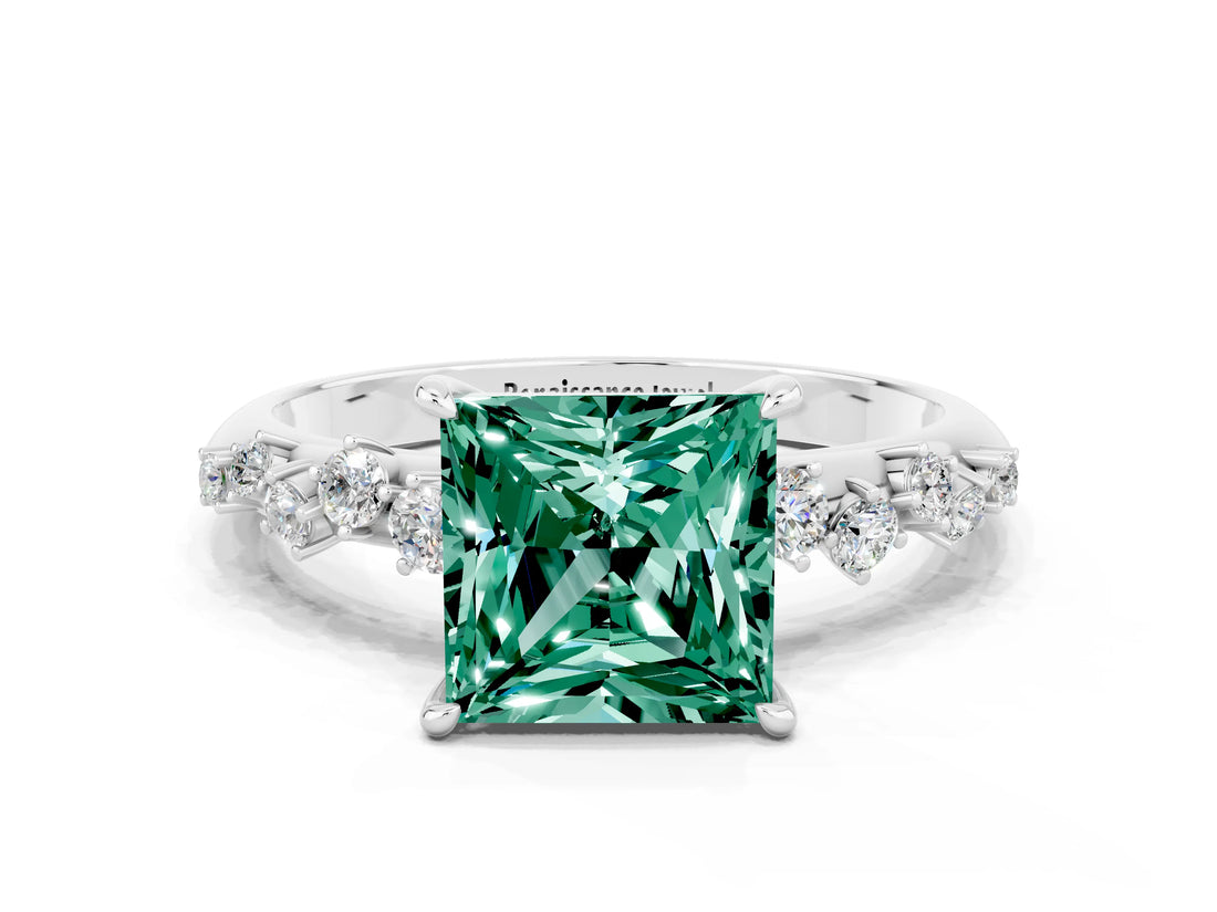 White gold Princess Cut Green Sapphire Cluster Side Stone Solitaire Ring with Prong Setting_24