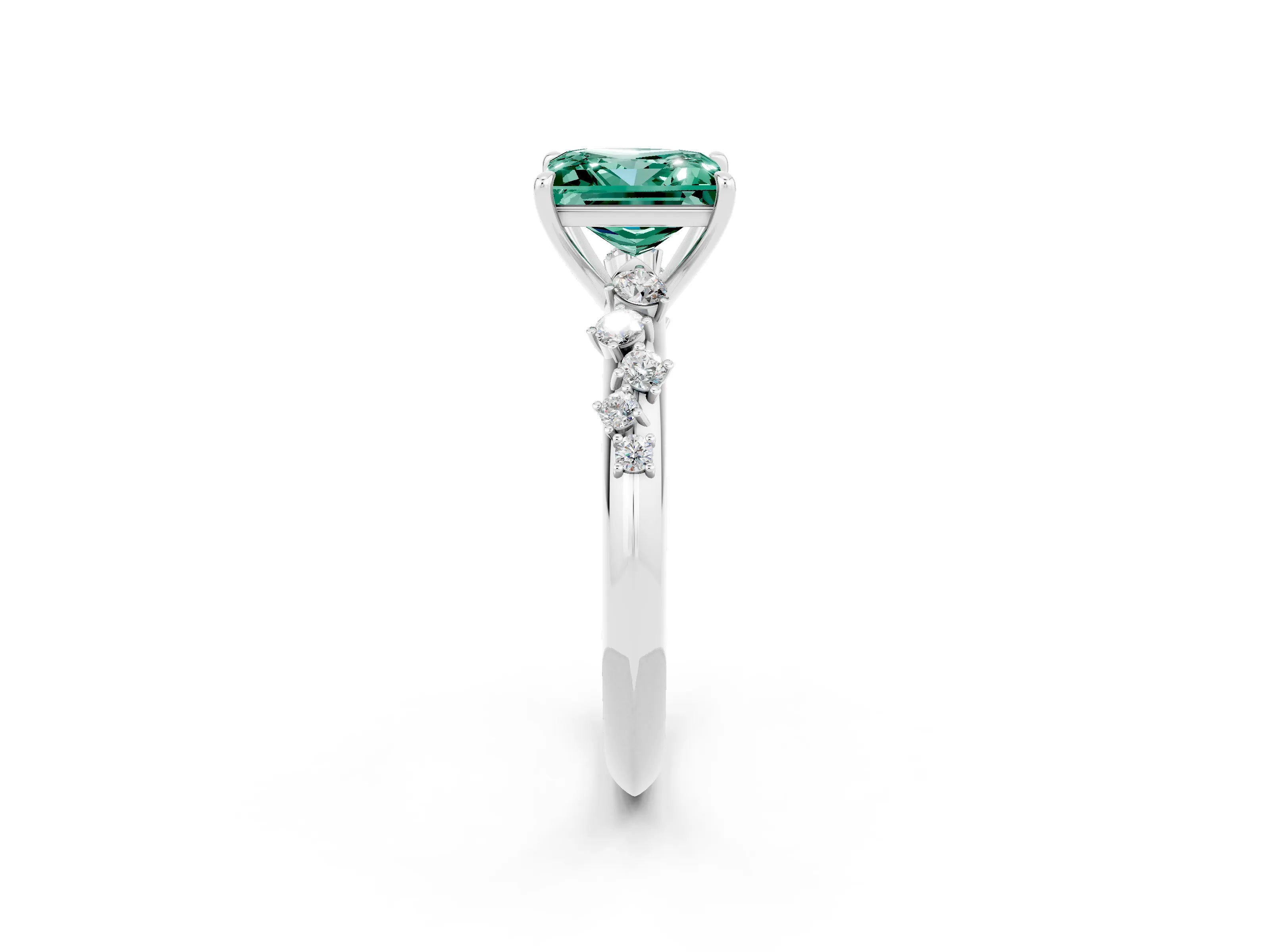 White gold Princess Cut Green Sapphire Cluster Side Stone Solitaire Ring with Prong Setting_26
