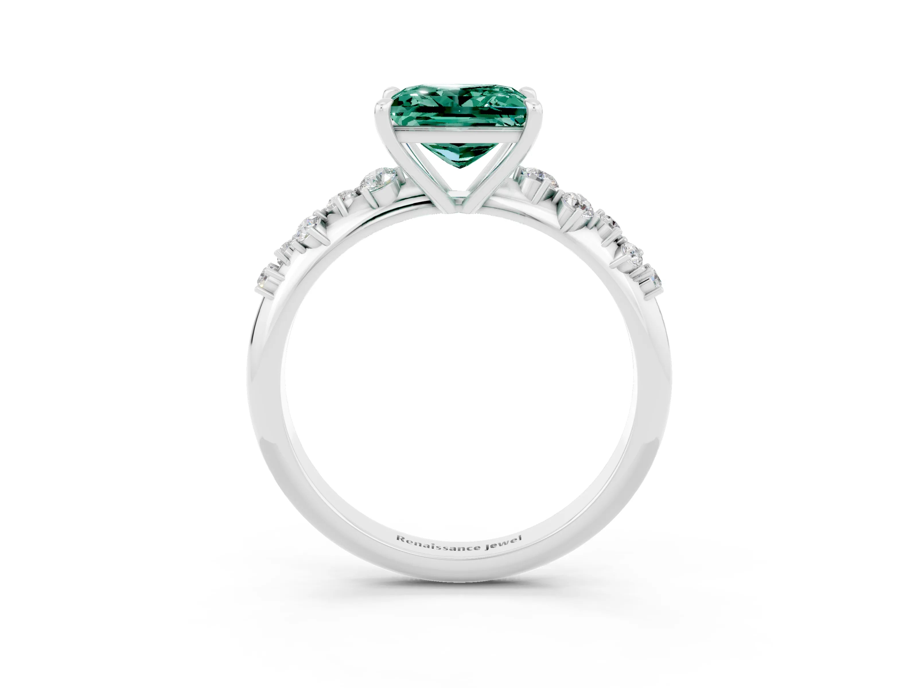 White gold Princess Cut Green Sapphire Cluster Side Stone Solitaire Ring with Prong Setting_27
