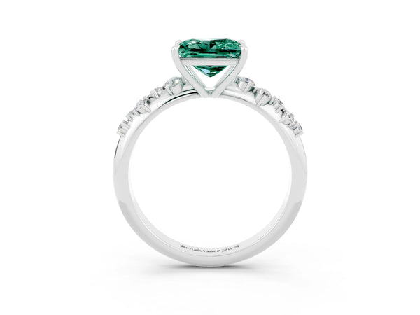 White gold Princess Cut Green Sapphire Cluster Side Stone Solitaire Ring with Prong Setting