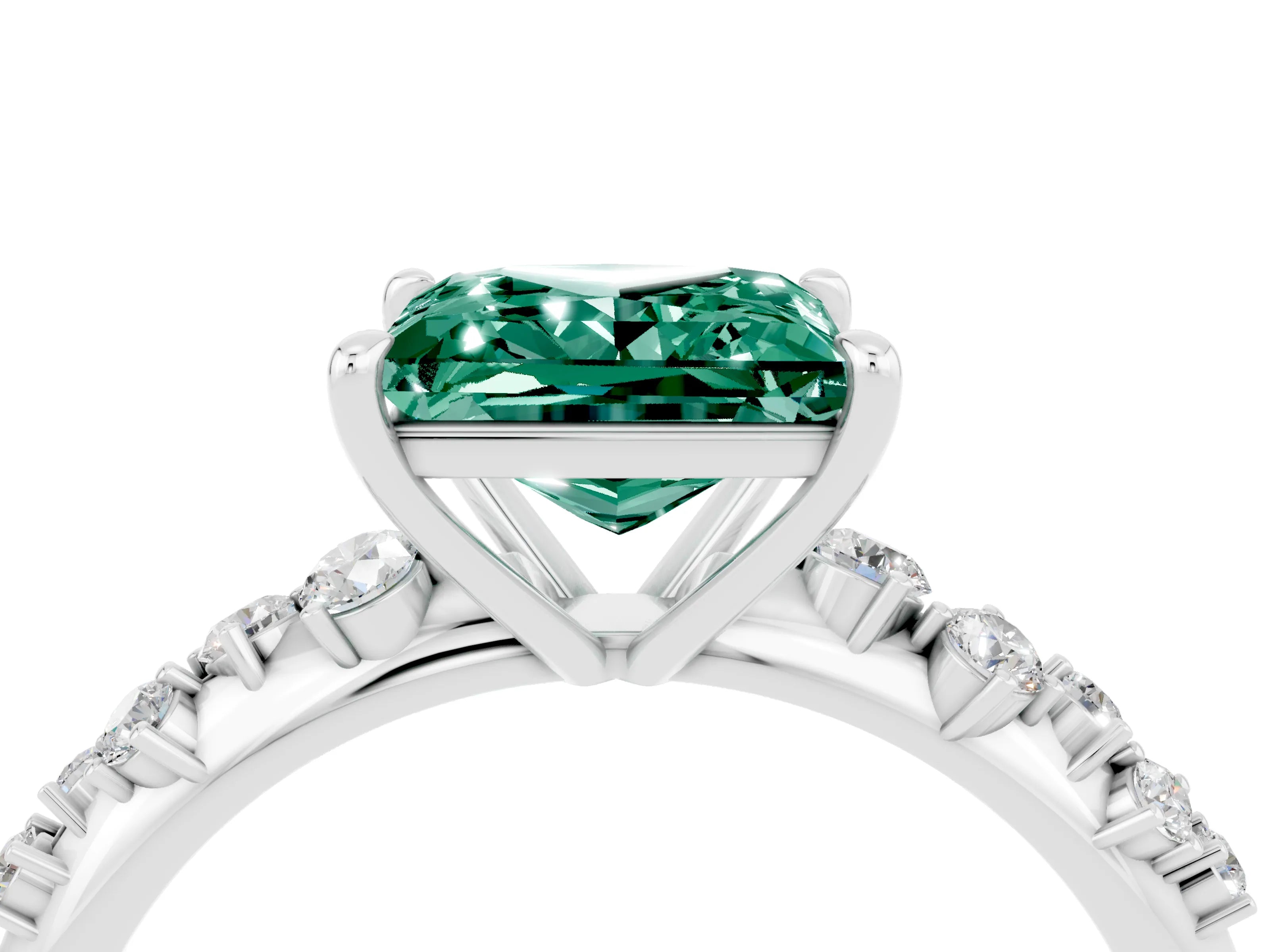 White gold Princess Cut Green Sapphire Cluster Side Stone Solitaire Ring with Prong Setting_28