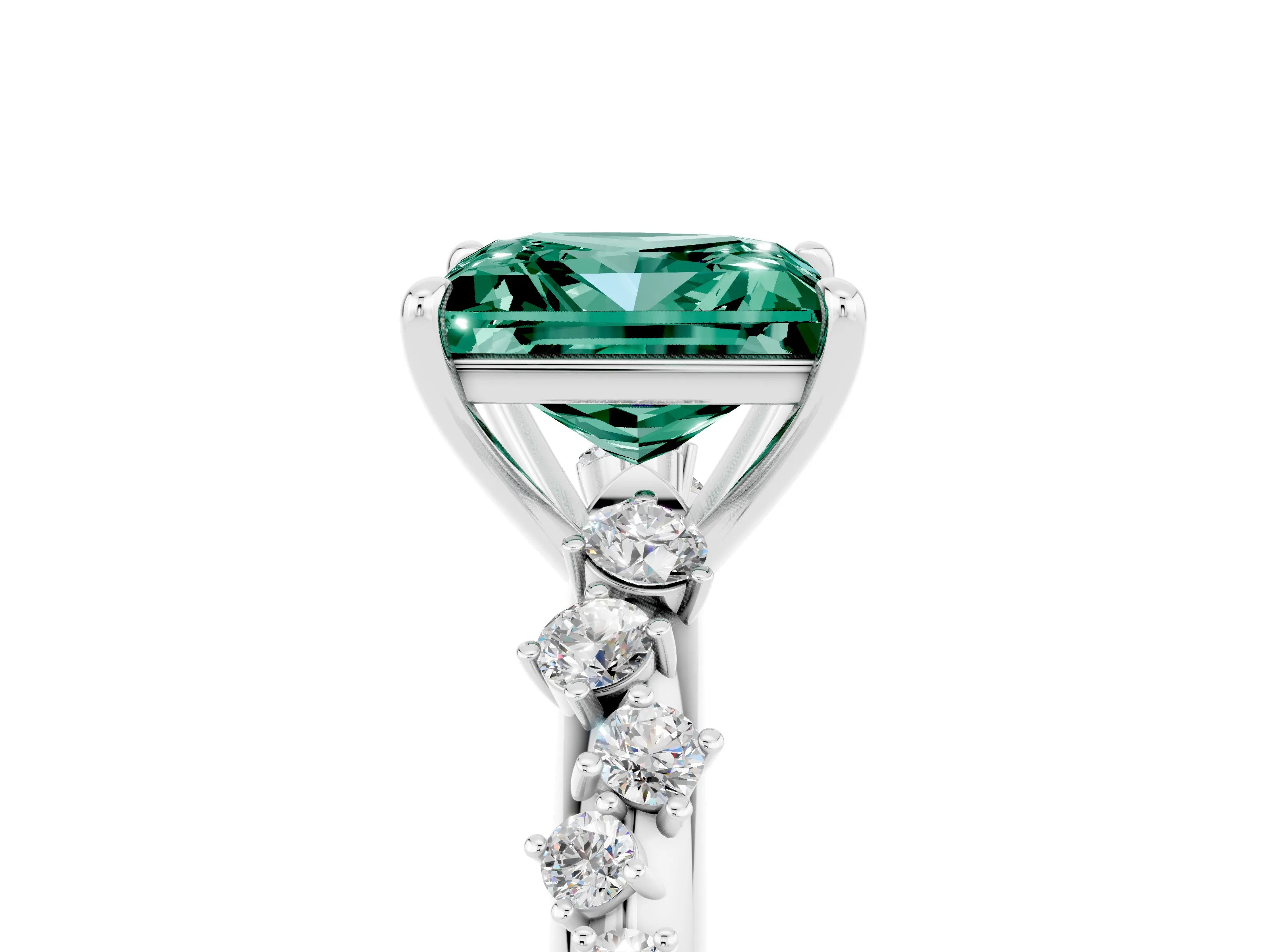 White gold Princess Cut Green Sapphire Cluster Side Stone Solitaire Ring with Prong Setting_29