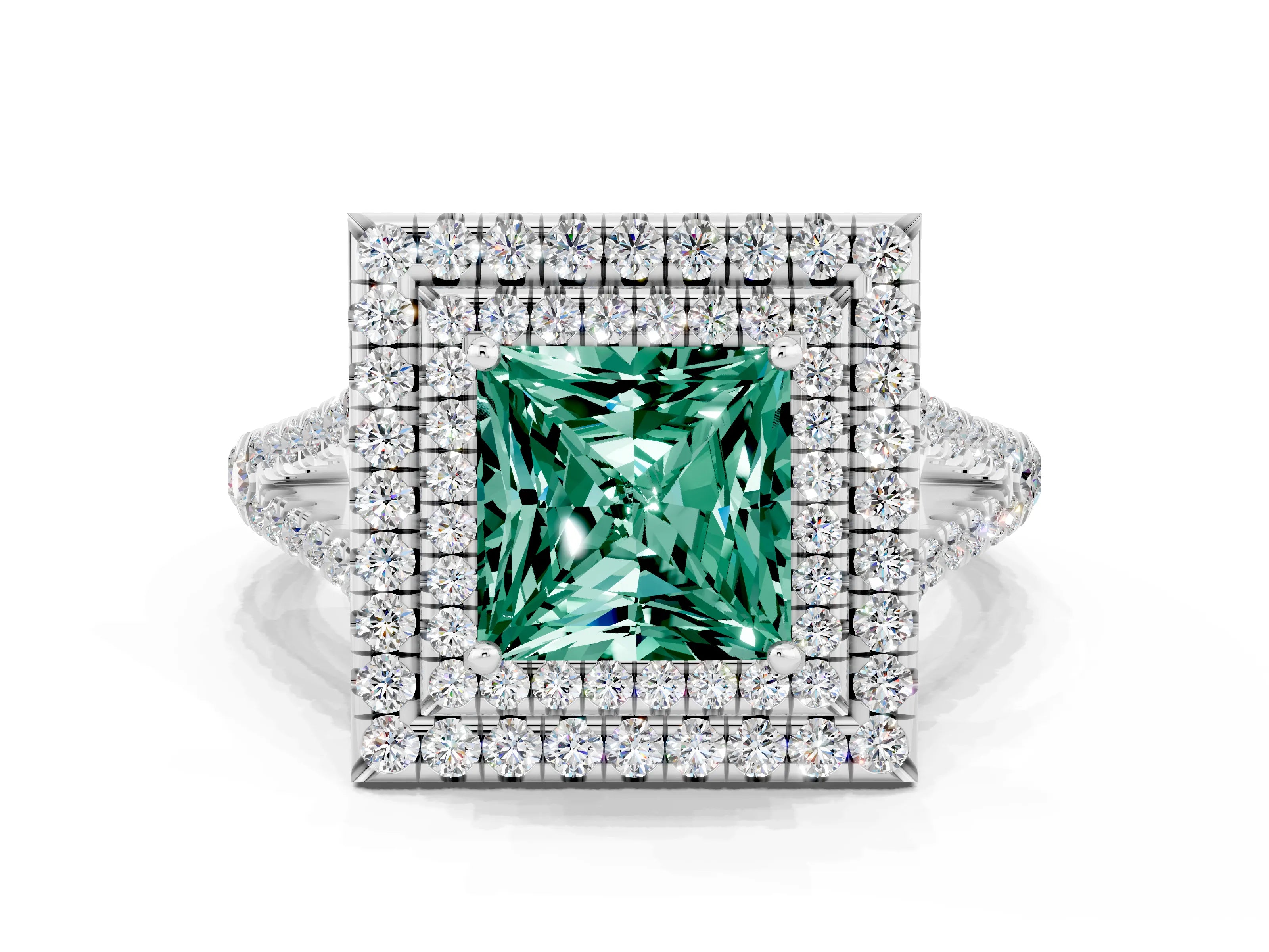 White gold Princess Cut Green Sapphire Double Halo Ring with Pavé Band and Prong Setting_12