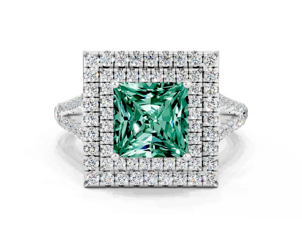 Silver Princess Cut Green Sapphire Double Halo Ring with Pavé Band and Prong Setting
