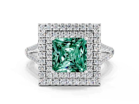 White gold Princess Cut Green Sapphire Double Halo Ring with Pavé Band and Prong Setting_12