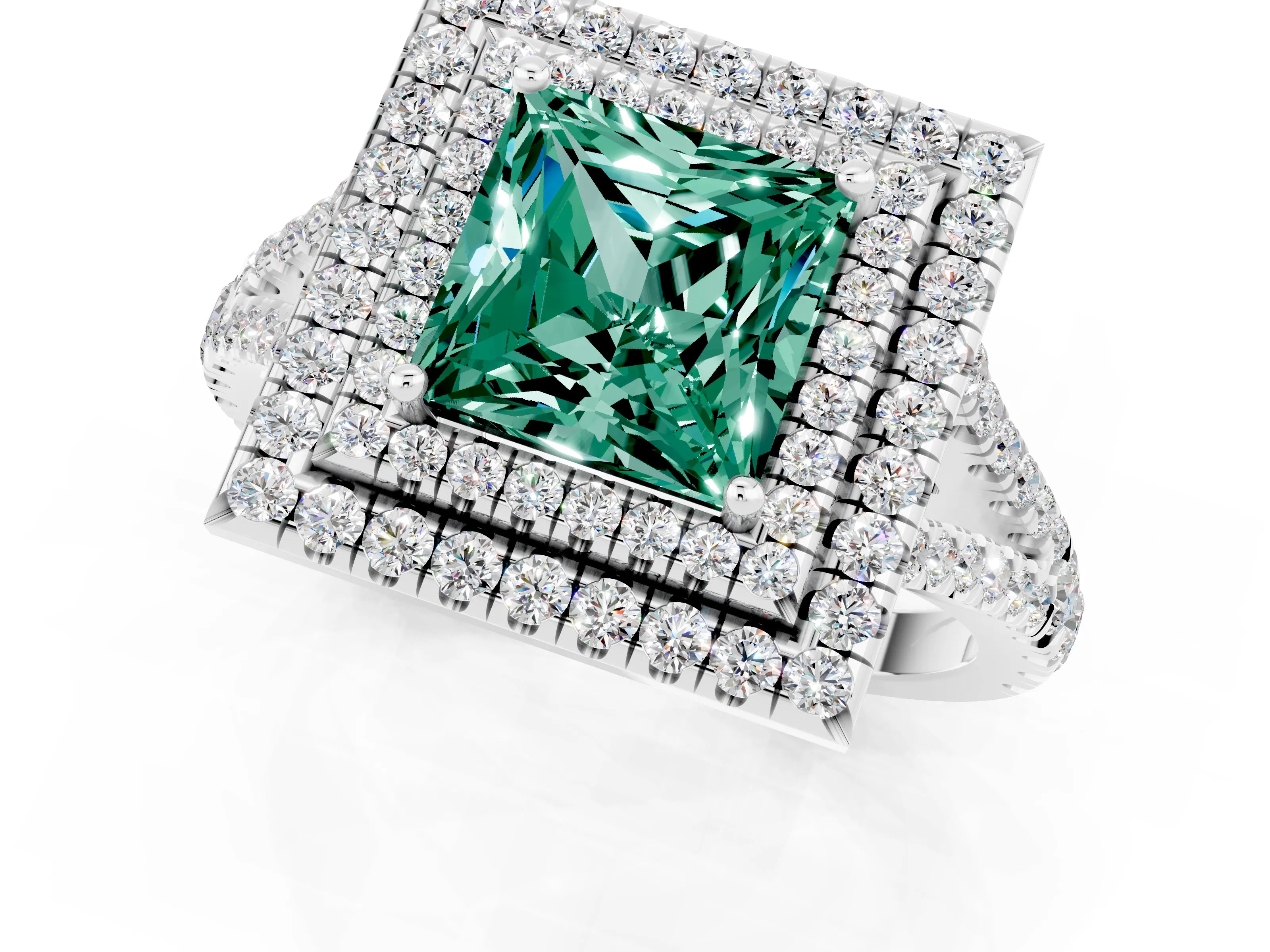 White gold Princess Cut Green Sapphire Double Halo Ring with Pavé Band and Prong Setting_13
