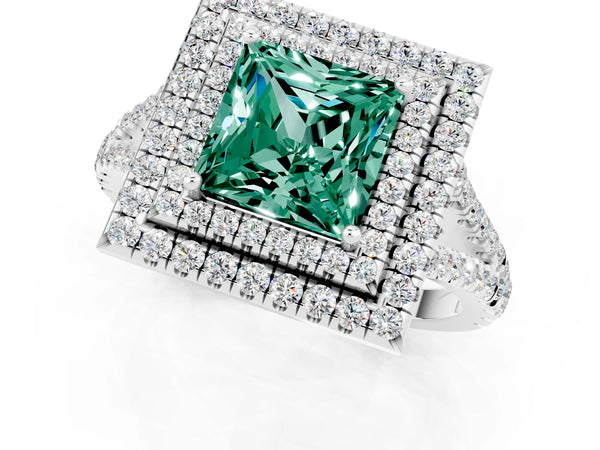 White gold Princess Cut Green Sapphire Double Halo Ring with Pavé Band and Prong Setting