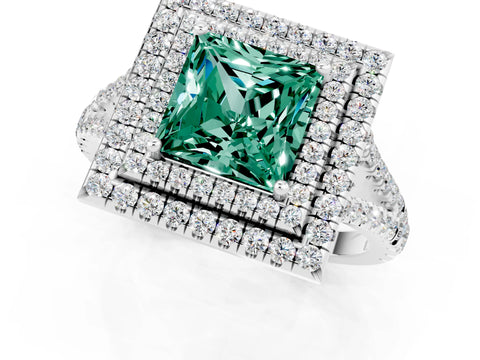 White gold Princess Cut Green Sapphire Double Halo Ring with Pavé Band and Prong Setting_13