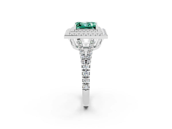 Platinum Princess Cut Green Sapphire Double Halo Ring with Pavé Band and Prong Setting