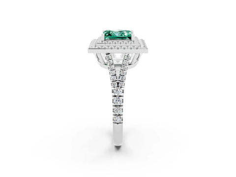 White gold Princess Cut Green Sapphire Double Halo Ring with Pavé Band and Prong Setting_14