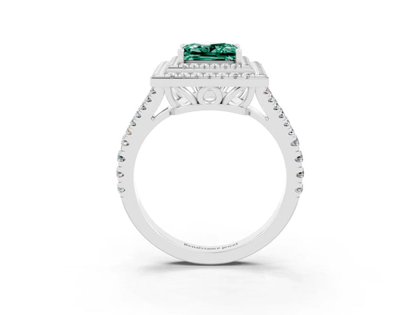 Silver Princess Cut Green Sapphire Double Halo Ring with Pavé Band and Prong Setting