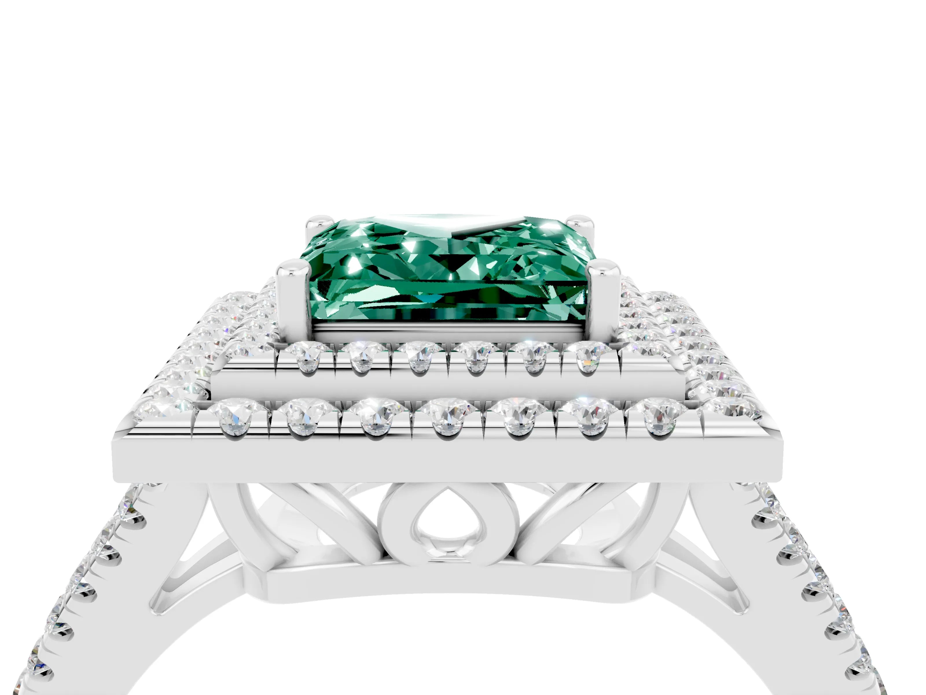 White gold Princess Cut Green Sapphire Double Halo Ring with Pavé Band and Prong Setting_16