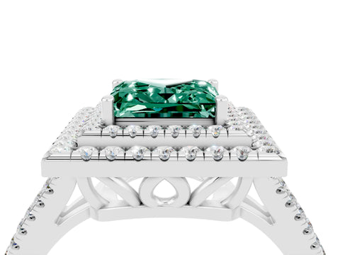 White gold Princess Cut Green Sapphire Double Halo Ring with Pavé Band and Prong Setting_16