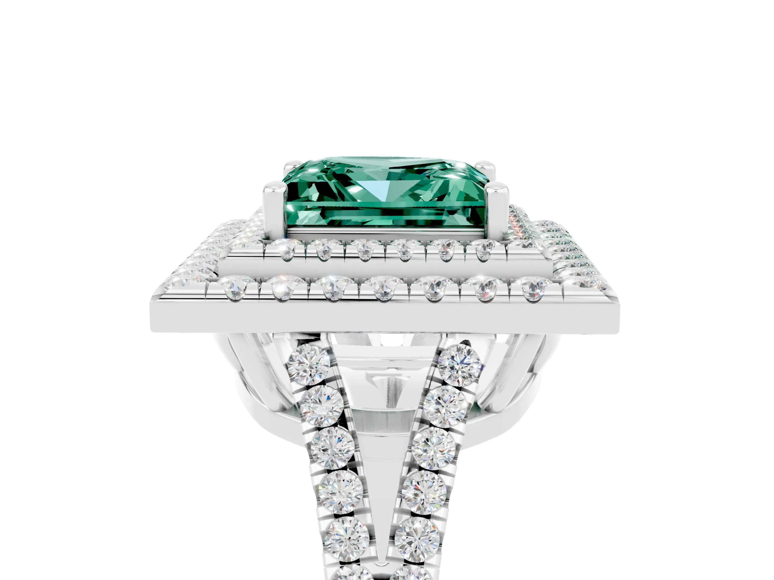 White gold Princess Cut Green Sapphire Double Halo Ring with Pavé Band and Prong Setting_17