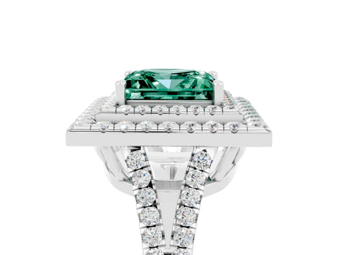 White gold Princess Cut Green Sapphire Double Halo Ring with Pavé Band and Prong Setting_17