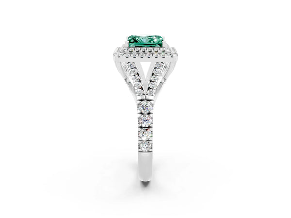 Platinum Princess Cut Green Sapphire Double Halo Ring with Split Shank and Prong Setting