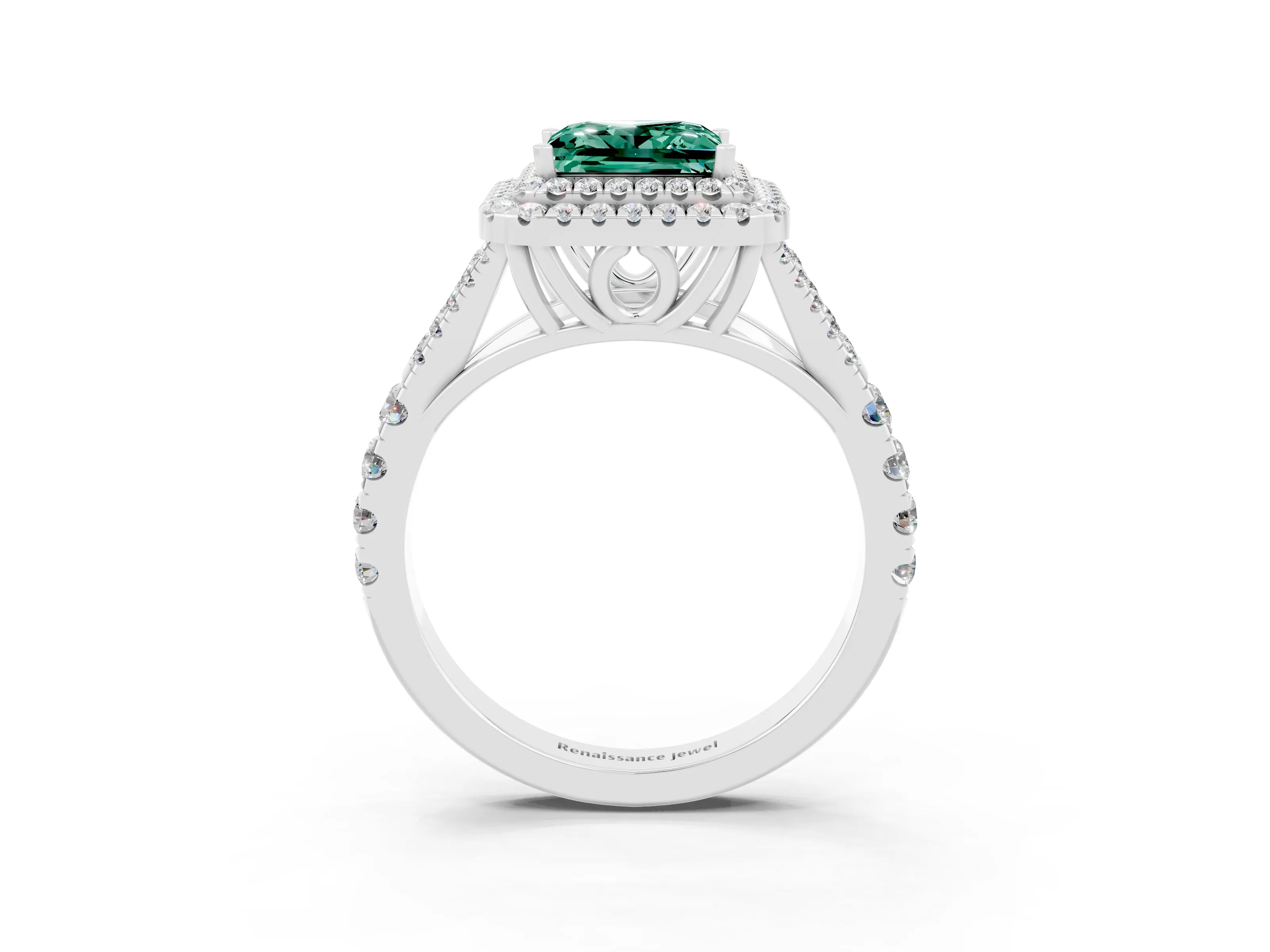 White gold Princess Cut Green Sapphire Double Halo Ring with Split Shank and Prong Setting_15