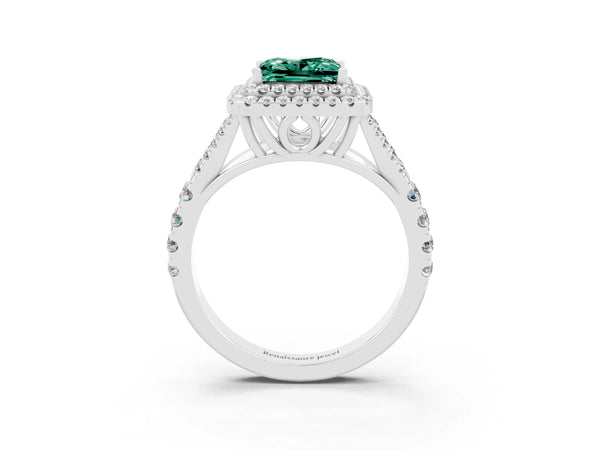 Silver Princess Cut Green Sapphire Double Halo Ring with Split Shank and Prong Setting
