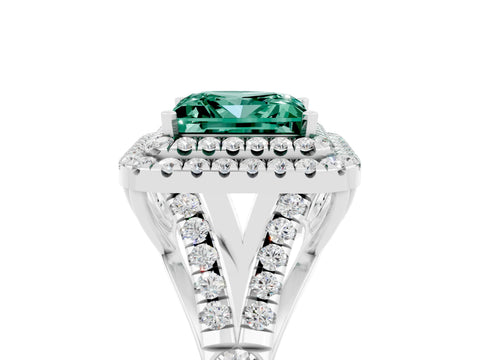 White gold Princess Cut Green Sapphire Double Halo Ring with Split Shank and Prong Setting_17