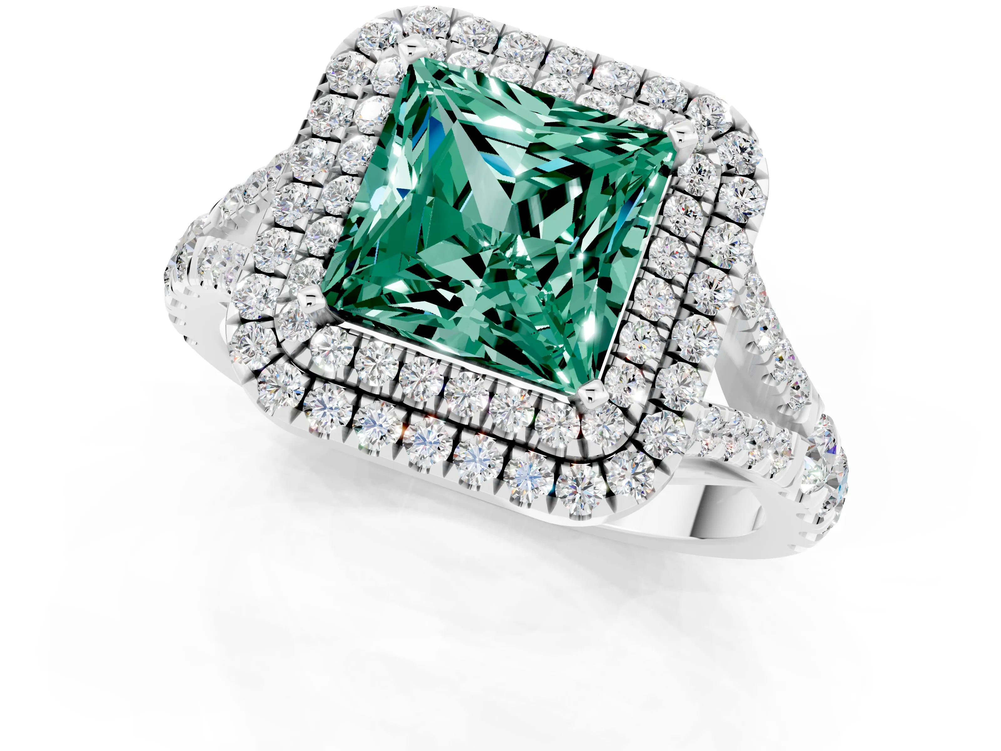 White gold Princess Cut Green Sapphire Double Halo Ring with Split Shank and Prong Setting_25