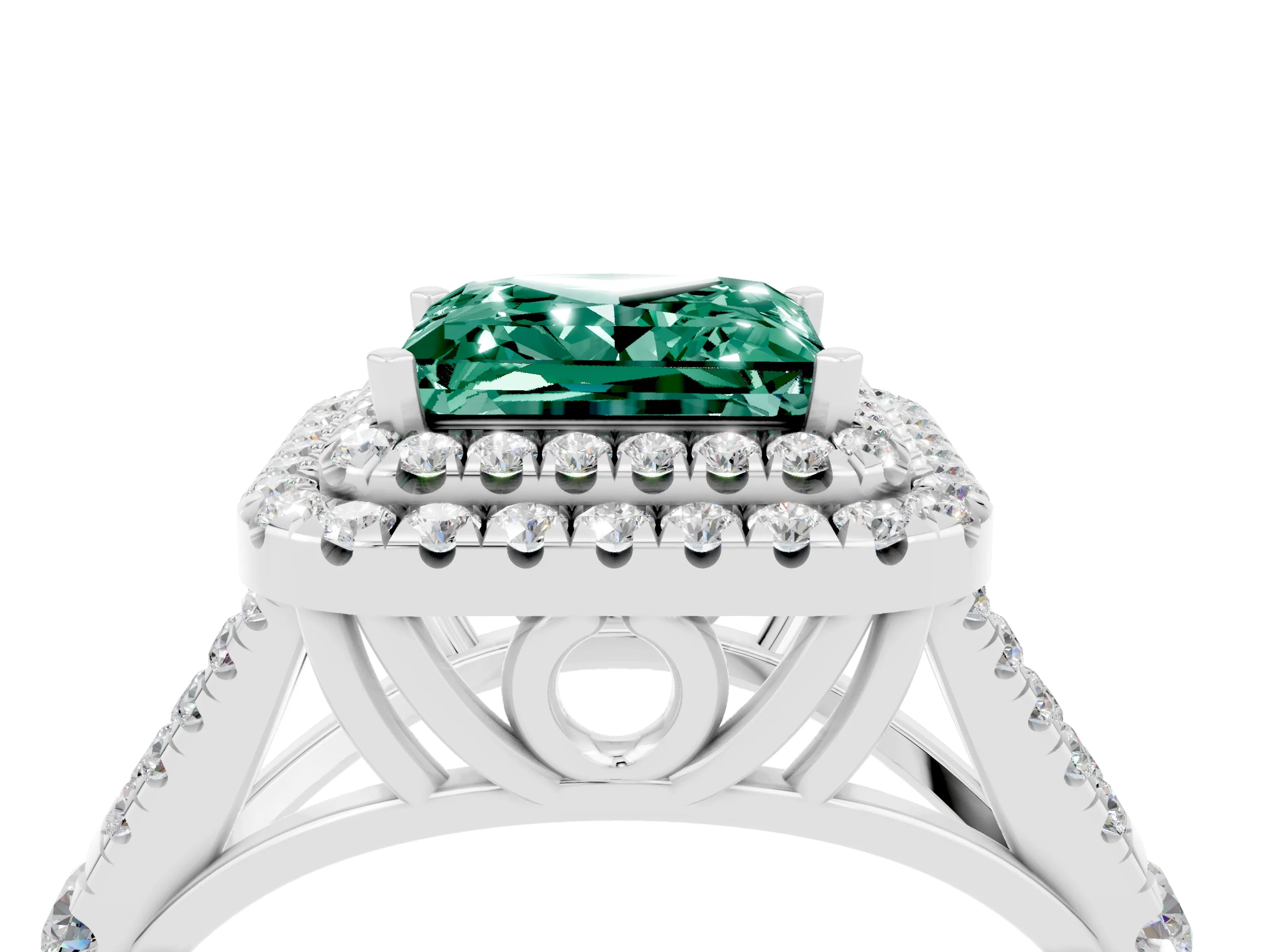 White gold Princess Cut Green Sapphire Double Halo Ring with Split Shank and Prong Setting_28