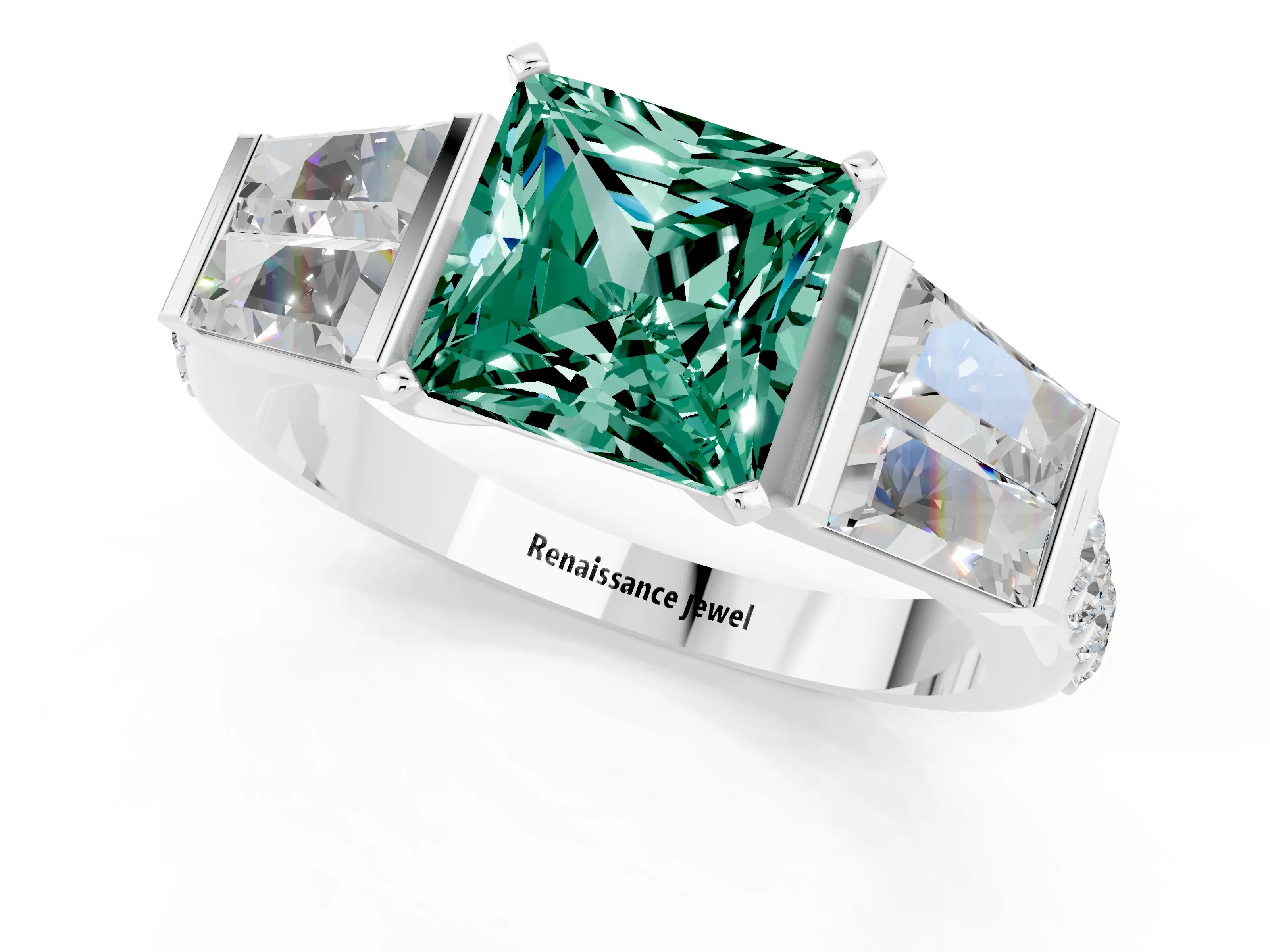 White gold Princess Cut Green Sapphire Engagement Ring with Baguette Side Stones and Channel Set Band_1