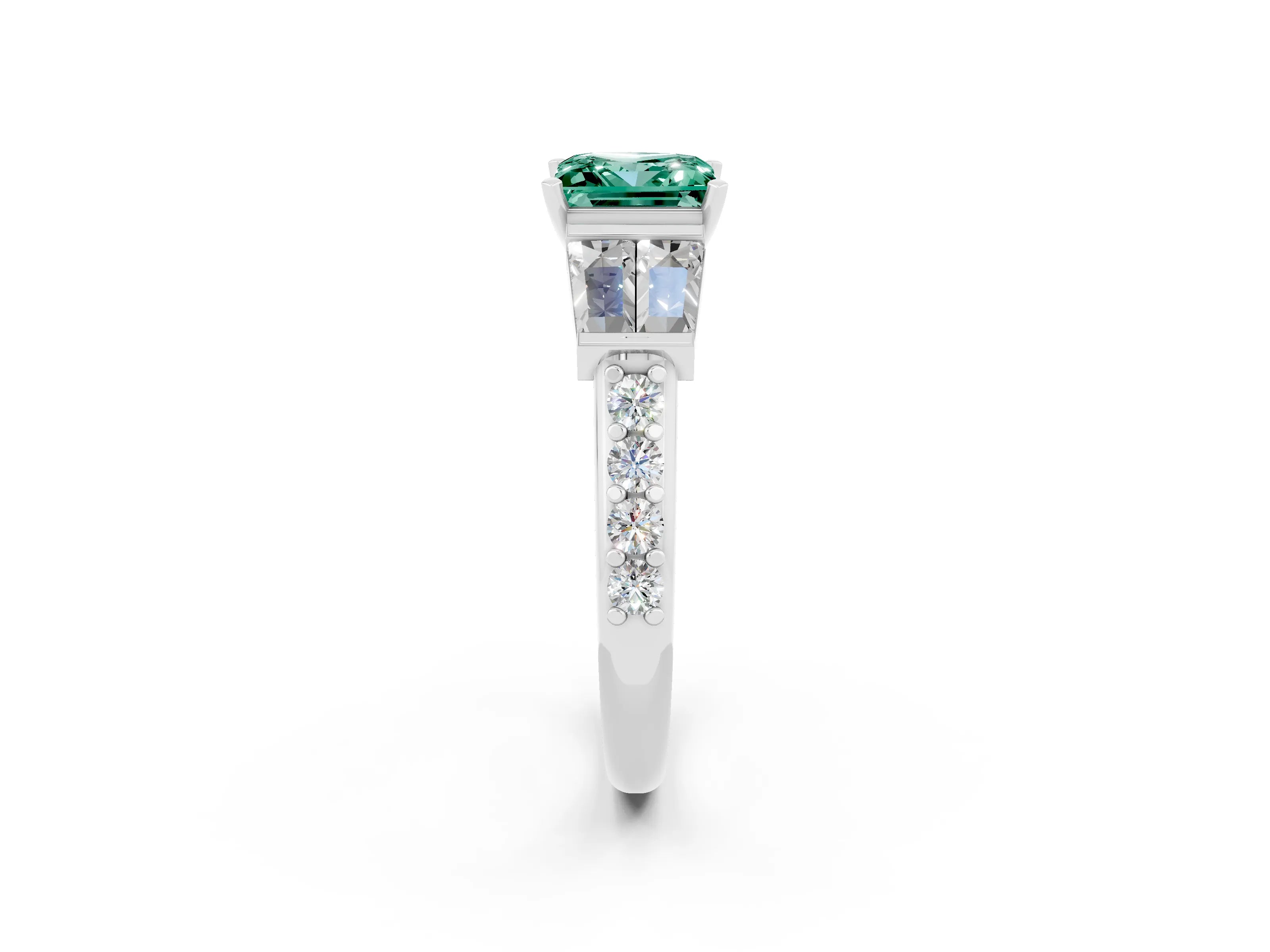 White gold Princess Cut Green Sapphire Engagement Ring with Baguette Side Stones and Channel Set Band_2