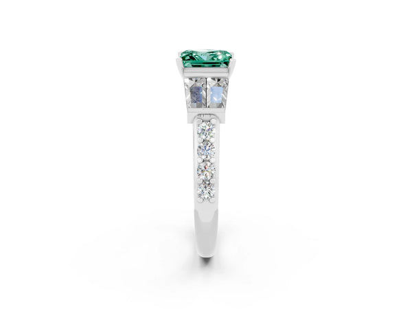 Platinum Princess Cut Green Sapphire Engagement Ring with Baguette Side Stones and Channel Set Band