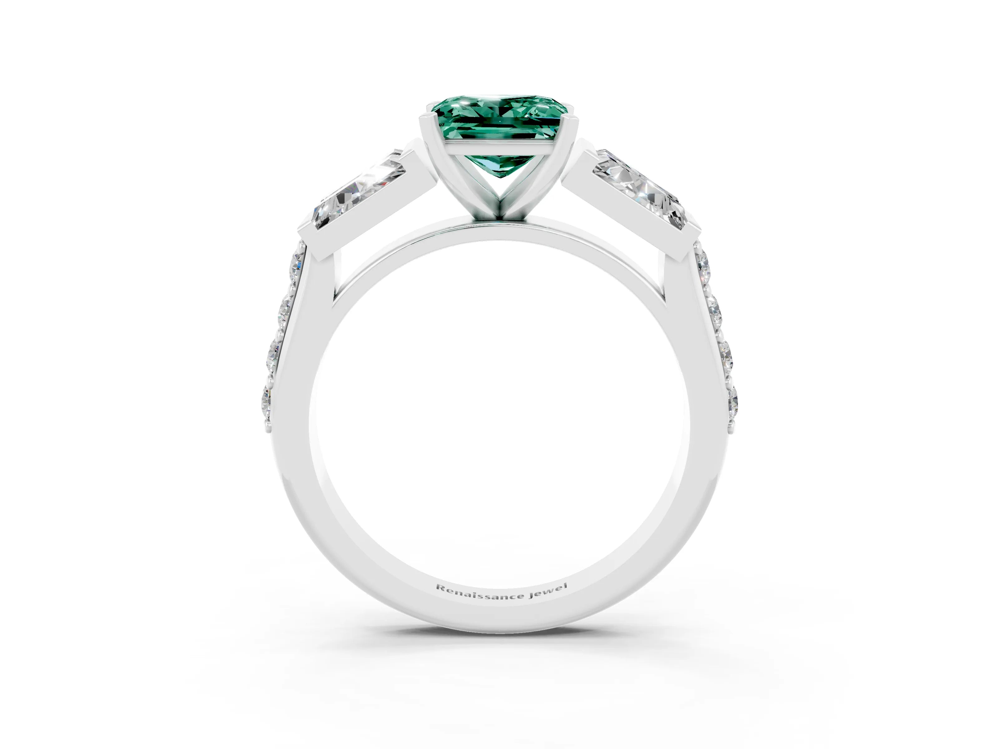 White gold Princess Cut Green Sapphire Engagement Ring with Baguette Side Stones and Channel Set Band_3