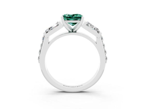 Platinum Princess Cut Green Sapphire Engagement Ring with Baguette Side Stones and Channel Set Band