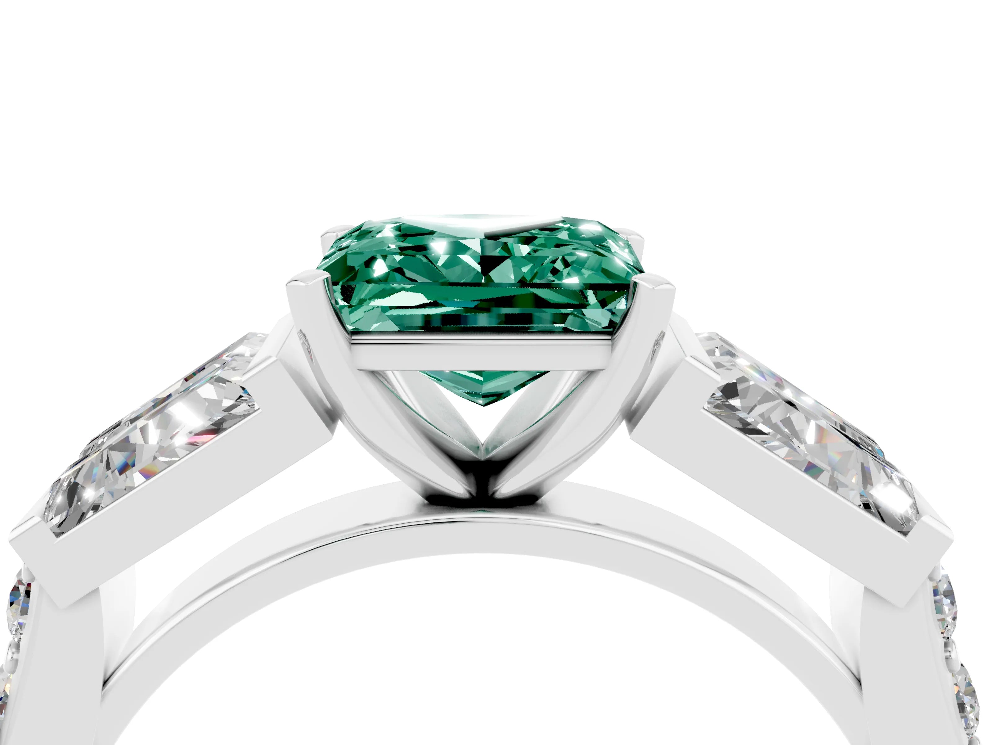 White gold Princess Cut Green Sapphire Engagement Ring with Baguette Side Stones and Channel Set Band_4