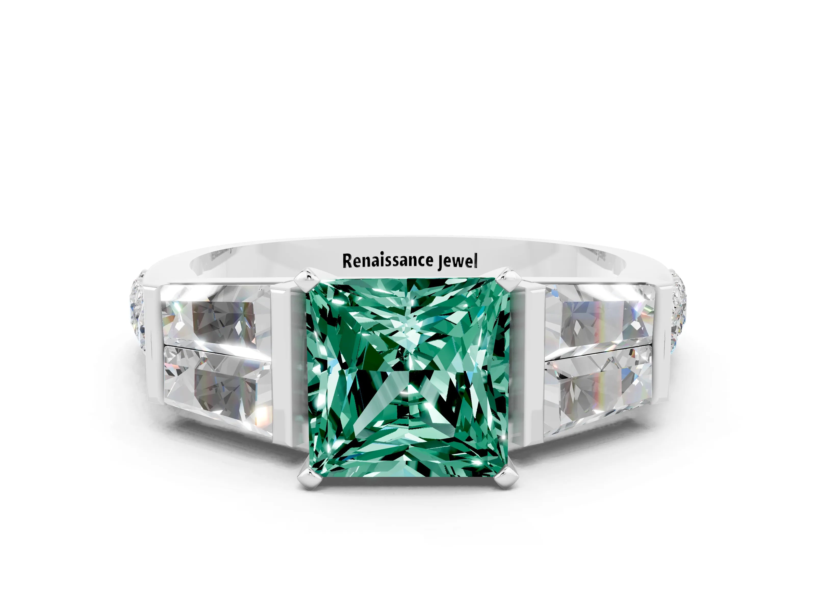 White gold Princess Cut Green Sapphire Engagement Ring with Baguette Side Stones and Channel Set Band