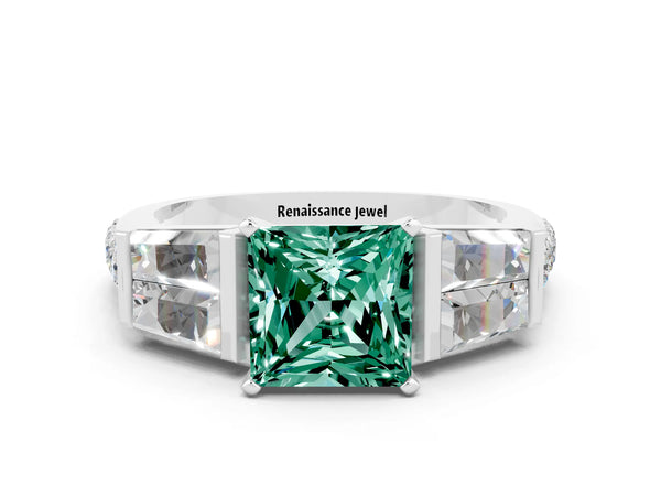 White gold Princess Cut Green Sapphire Engagement Ring with Baguette Side Stones and Channel Set Band