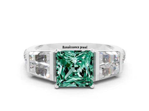 White gold Princess Cut Green Sapphire Engagement Ring with Baguette Side Stones and Channel Set Band