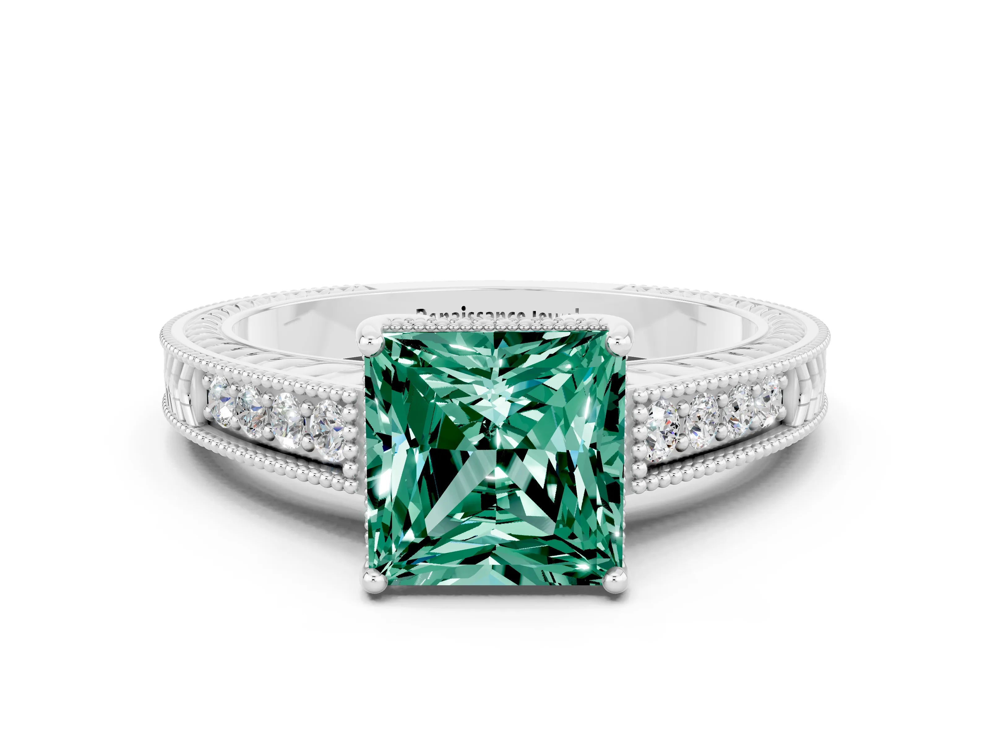 White gold Princess Cut Green Sapphire Engagement Ring with Milgrain Channel Set Band and Prong Setting