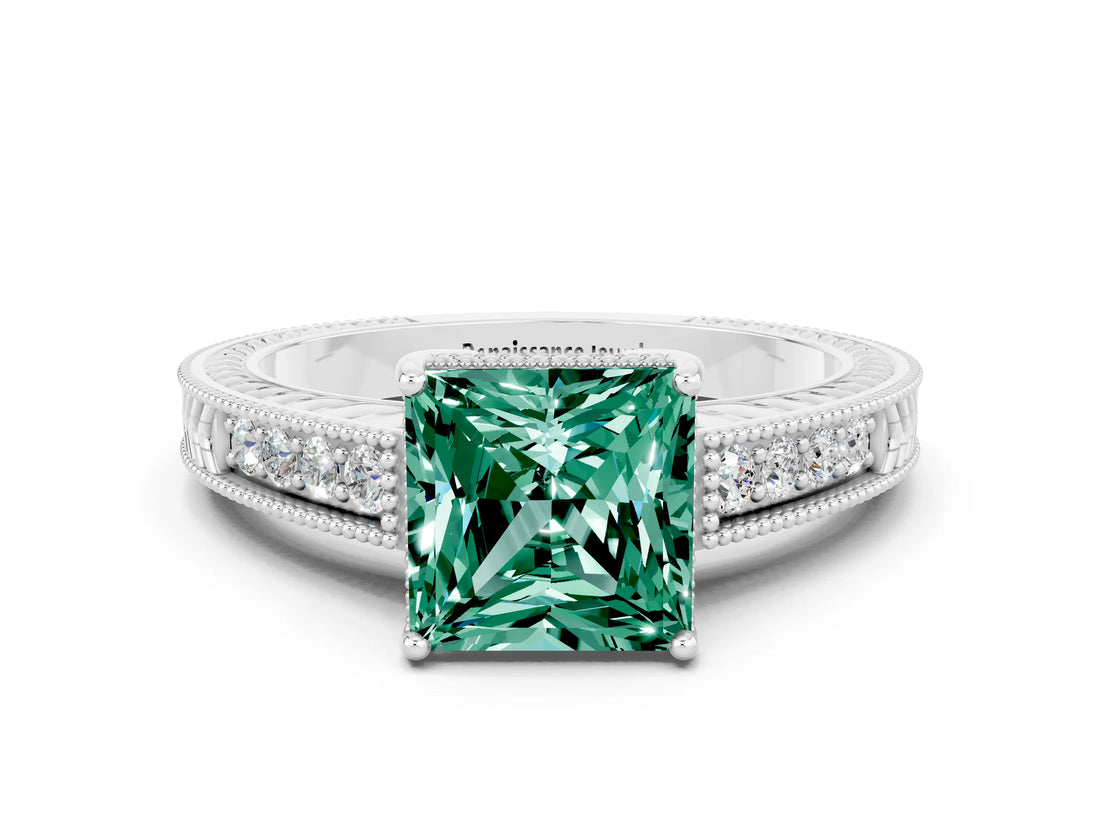 White gold Princess Cut Green Sapphire Engagement Ring with Milgrain Channel Set Band and Prong Setting