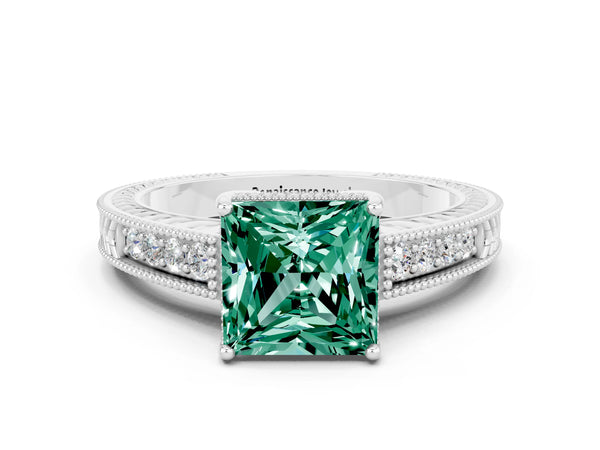 Platinum Princess Cut Green Sapphire Engagement Ring with Milgrain Channel Set Band and Prong Setting
